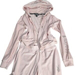 Playboy Velour Tracksuit Pink Rhinestone Bunny Hoodie Pants Set Small Y2K Style
